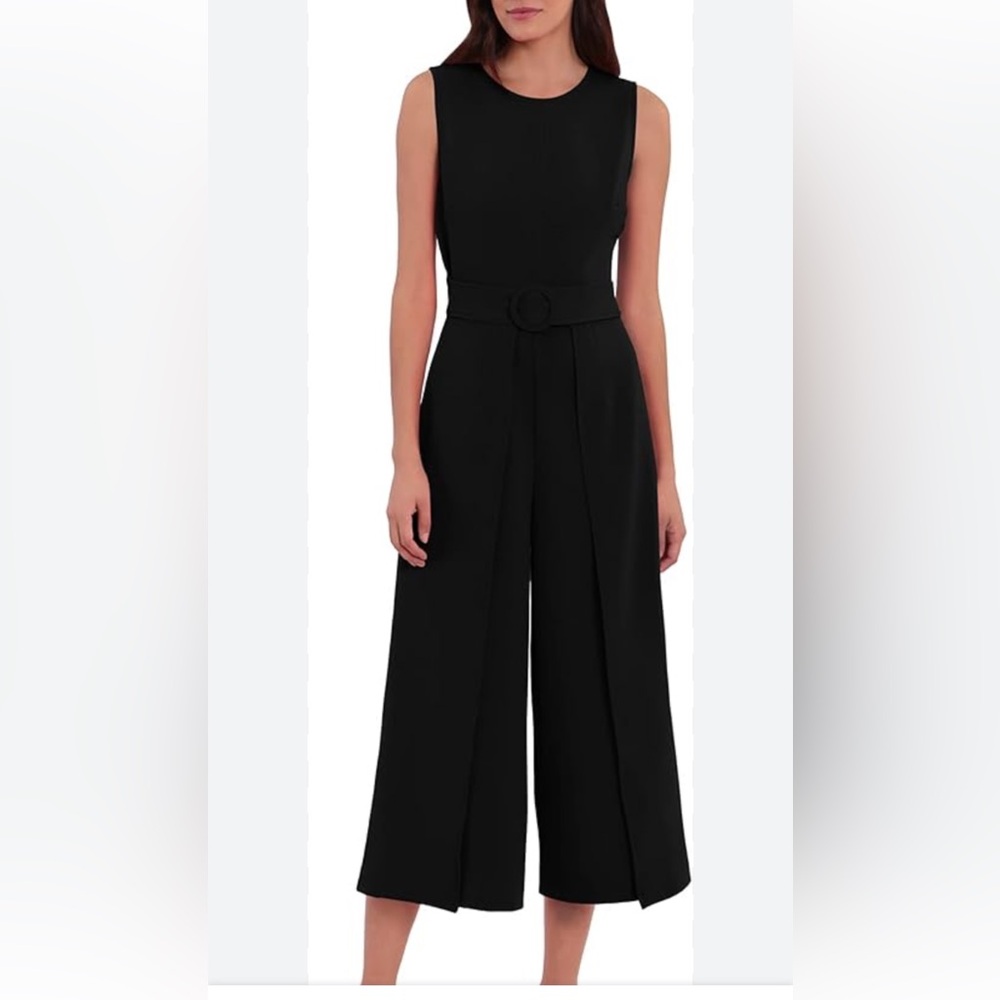 NWT London Times Crepe Wrap Leg Belted Jumpsuit - Black, Size 12